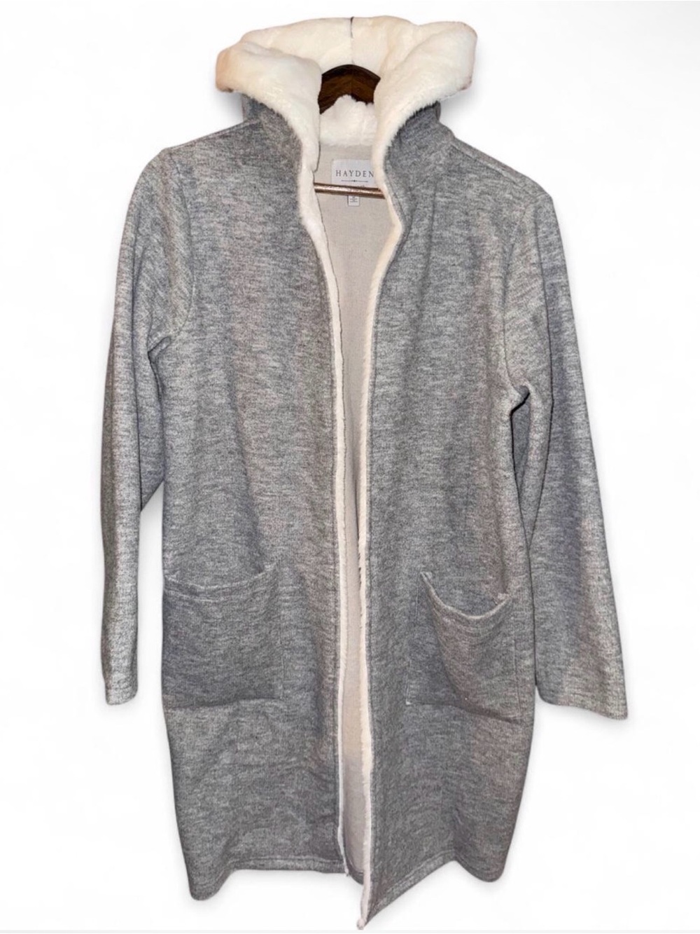 Hayden Gray Teddy Hooded Coat with White Sherpa Trim